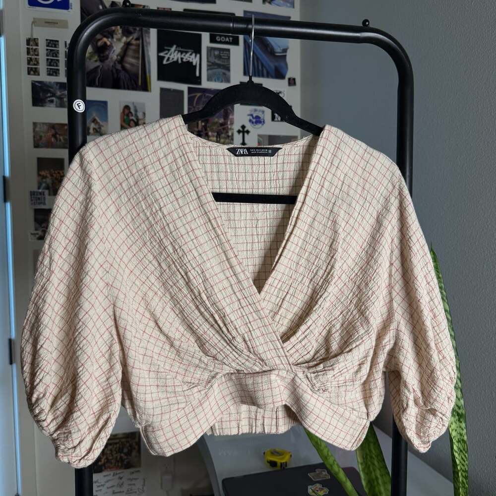 Zara Plaid Crop Top Size S Puff Sleeve Criss Cross